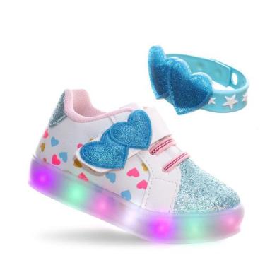 Imagem de Tênis de Criança Com Led Luz Infantil Menina Com Pulseira Branco e Azu