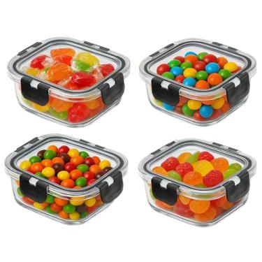 Imagem de KEPSE Recipientes de armazenamento de alimentos de vidro com tampas herméticas de encaixe para preparação de refeições, sobras de panificação, lancheiras (preto, pacote com 4 quadrados de 325 ml)