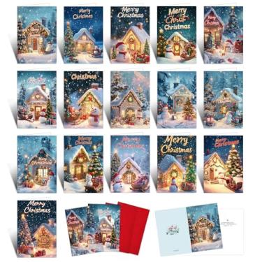 Imagem de Tlenpo Cartões de Natal, conjunto de 16 cartões de Natal com envelopes vermelhos Kraft, grande 12,8 x 18,8 cm, para amigos, família, meninos e meninas, suprimentos de Natal para férias de inverno