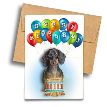 Imagem de Fava Bean Productions Cartão de aniversário Dachshund (pelo curto preto e castanho) - Design de balões de feliz aniversário e bolo de biscoito de cachorro - 533