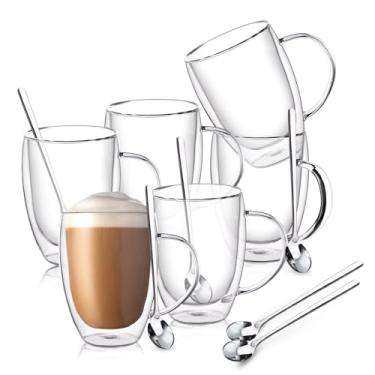 Imagem de FULGNU Canecas de café de vidro de parede dupla, canecas de café transparentes de 350 ml com alça, conjunto de 6 canecas de café de vidro isolado, perfeitas para expresso, cappuccino, latte,