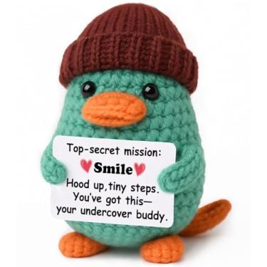 Imagem de Positive Secret-Agent Vibe – Mini Crochet Hooded Platypus Plush with Mission Card, Handmade 8–10cm, Cute Desk Shelf Decor, Year-Round Encouragement