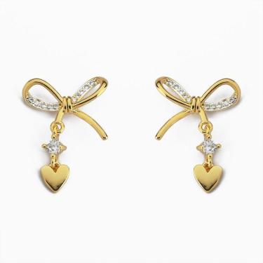Imagem de Brinco Laço Com Detalhes Em Zircônia Com Ponto De Luz E Coração Banhado Em Ouro 18k