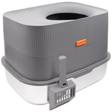 Imagem de Modign Caixa de areia fechada de aço inoxidável para gatos, caixa de areia grande fechada para gatos com entrada superior, inclui colher de areia, resistente e durável, adequada para gatos médios e