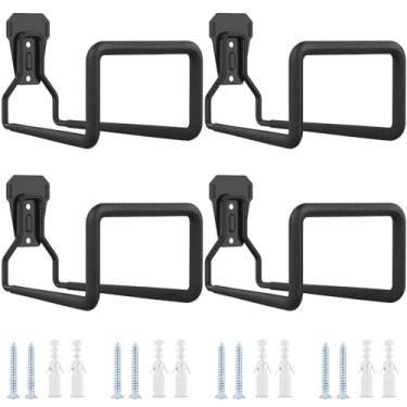 Imagem de Pacote com 4 suportes de mangueira de jardim de metal resistente para gancho de garagem montado na parede externa para cabos de extensão de água, preto