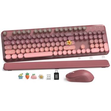 Imagem de Combo de teclado e mouse sem fio – teclado retrô com teclas redondas, teclado de máquina de escrever de tamanho completo com descanso de pulso removível, conexão de 2,4 GHz para Mac/Windows/PC (rosa