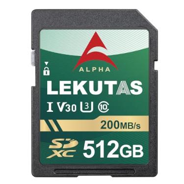 Imagem de LEKUTAS Cartão de memória SDXC UHS-I de 512 GB - Velocidade de leitura de até 200 MB/s, C10, U3, V30, 4K UHD, Full-HD e cartão SD de vídeo 4K para câmeras Canon Nikon Sony Fujifilm DSLR ou câmeras