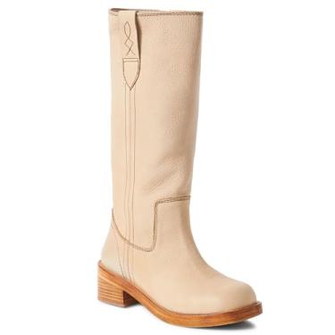 Imagem de ETPSJKR Botas de cano alto vintage para mulheres, bico redondo, cano médio, confortável, casual, grosso, salto baixo, botas longas para inverno e outono, Bege, 36