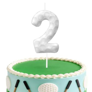 Imagem de Velas de aniversário de golfe número 2, topo de bolo com tema de golfe para meninos e meninas, decorações de bolo para aniversários, suprimentos de festa com tema esportivo, velas para decorações de