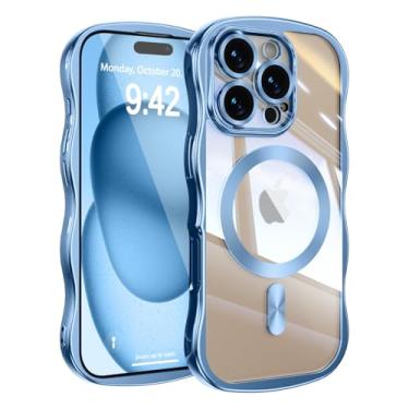 Imagem de UEEBAI Capa para iPhone 16 Pro, linda capa de celular magnética com moldura ondulada compatível com Magsafe capa de proteção de câmera completa capa de telefone galvanizada macia para mulheres e