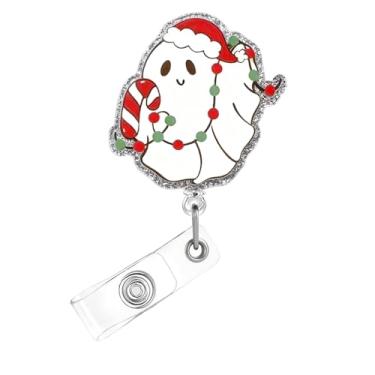 Imagem de Carretel de crachá de Natal, crachá de acrílico fantasma para cartão de identificação com chapéu de Natal, bengala, doce, suporte retrátil para crachá, acessórios de clipe de jacaré para enfermeiras