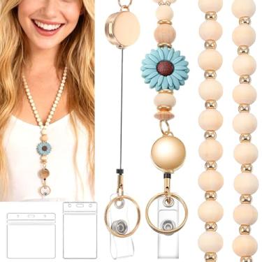 Imagem de LXUEJIE 1 cordão de professor com suporte de identidade retrátil, lindo cordão de contas de madeira natural para mulheres, porta-crachá retrátil com chaveiro, cinza