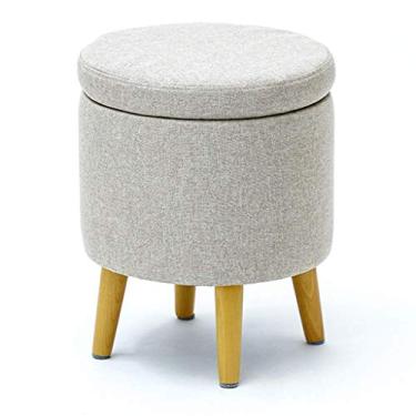 Imagem de Espreguiçadeira redonda para armazenamento com capa removível, banquinho estofado com pernas de madeira, assento acolchoado confortável para sala de estar, mesa de centro - bege