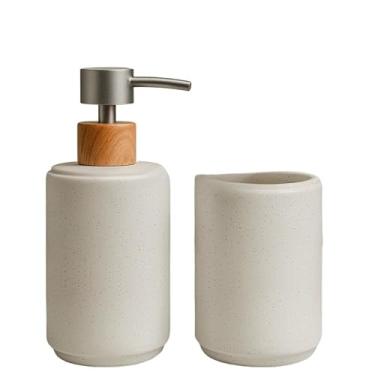 Imagem de Kit Banheiro de Cerâmica 2 Peças – Dispenser Porta Sabonete Líquido e Porta Escova de Dente | Ideal para Lavabo e Decoração Elegante(SNOW BRANCO)