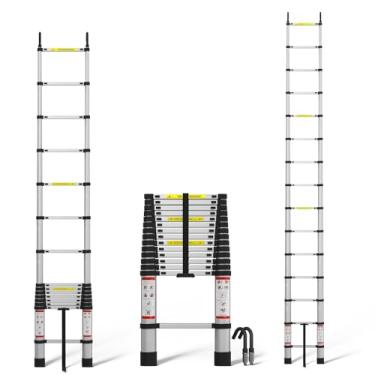 Imagem de Escada de extensão de escada telescópica de 4,4 m feita de tubo de alumínio de alta dureza, escadas compactas druáveis com capacidade máxima de 150 kg, 2 ganchos destacáveis, travas de segurança para