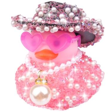 Imagem de CoFuBcad Ornamentos de carro de pato de borracha de diamante, decorações de painel com óculos de sol, colar de pérolas, patos legais, acessórios de carro