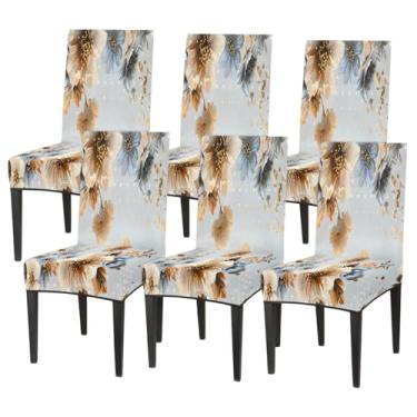 Imagem de hongjinglin Conjunto de 6 capas elásticas para cadeira de sala de jantar, capa protetora de assento de flor, bolinhas, removível, lavável, para cozinha, casa, hotel, banquete, festa de casamento