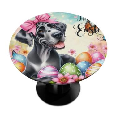 Imagem de hongjinglin Toalha de mesa redonda com borda elástica de Páscoa, toalha de mesa redonda limpável para ambientes internos e externos, pátio, jantar, cozinha, festival, decoração para mesas de 101 a 111