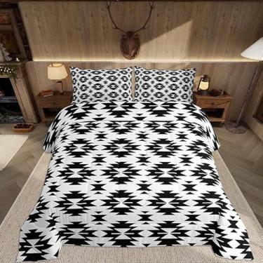 Imagem de Feelyou Conjunto de cama ocidental macio para meninos e meninas, asteca do sudoeste, Queen, geométrico, vintage, edredom boho tribal rústico, decoração de quarto, preto e branco, 3 peças com 2 fronhas