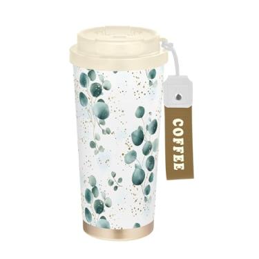 Imagem de SEHANY Caneca de viagem Green Leaves de 482 ml Copos de café reutilizáveis revestidos de cerâmica com tampa à prova de vazamento, parede dupla, isolamento a vácuo, copo de café de aço inoxidável para