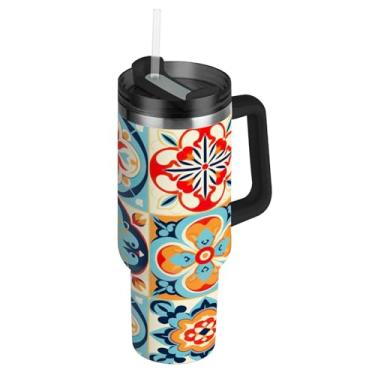 Imagem de Blueangle Copo de cerâmica mexicano de 850 g com alça e tampa de palha, caneca de viagem de aço inoxidável isolada a vácuo de parede dupla, garrafa de água reutilizável para academia de escritório ao