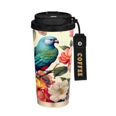 Imagem de SEHANY Caneca de café de viagem Flores e pássaros de 482 g com tampa revestida de cerâmica e à prova de vazamento, parede dupla, copo de aço inoxidável isolado a vácuo para bebidas quentes e frias