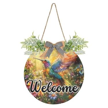Imagem de SEHANY Placa de boas-vindas colorida, beija-flor, decoração de porta da frente, guirlanda de boas-vindas redonda para decoração de casa de fazenda, varanda, pátio, 30 x 30 cm
