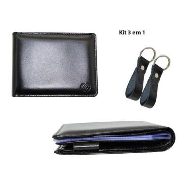 Imagem de Kit Masculino Carteira Couro Legítimo + 02 Chaveiros Kartmen, Preto
