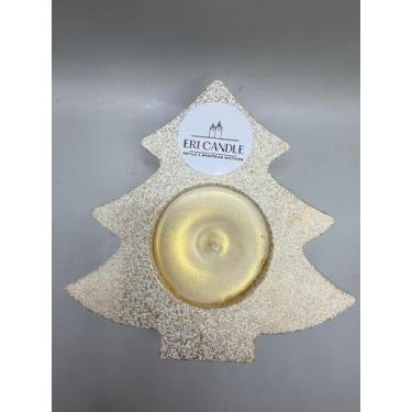 Imagem de Porta Vela Decorativo em Cimento, Castiçal Árvore de Natal, Branco e Dourado com Vela Aromática Gengibread