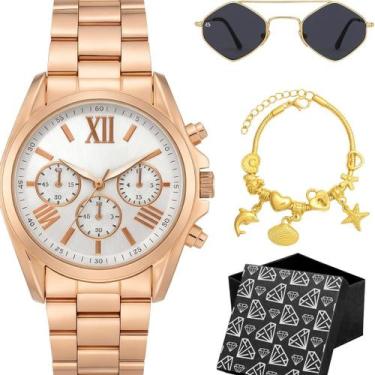 Imagem de Relogio Rose Feminino Banhado Aco + Pulseira Oculos protecao uv qualid