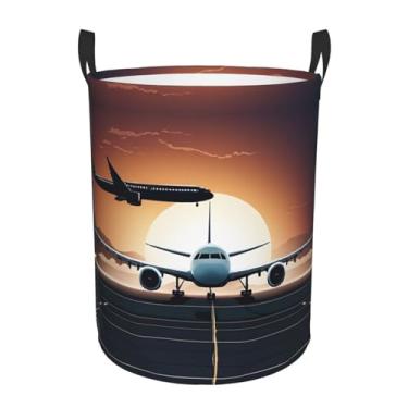Imagem de Mochila de avião - Cesta de roupa redonda estampada - Cesto de tecido de camada única com alças, Oxford resistente à água para organização de quarto e banheiro. Médio