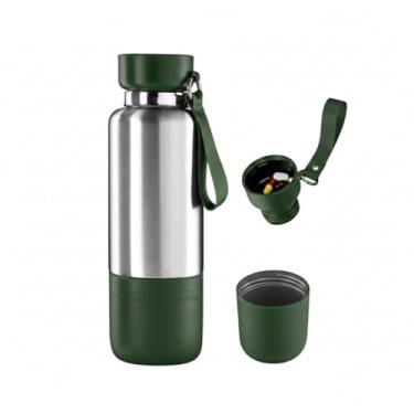 Imagem de Valori Home 3 em 1 Garrafa Térmica Inox 500ml Squeeze Academia Camping Copo e Porta Comprimidos Parede Dupla a Vácuo 12H Antivazamento Inox com Verde