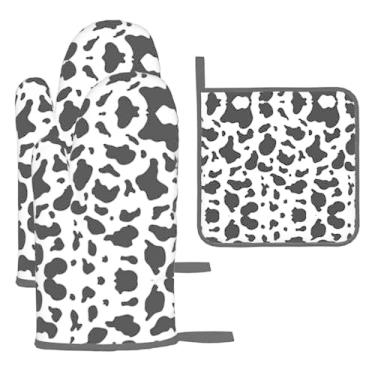 Imagem de Padrão de vaca – Conjunto de cozinha essencial de 3 peças, luvas seguras para calor e aderência de tampa, proteção para churrasco no forno, design de armazenamento suspenso.