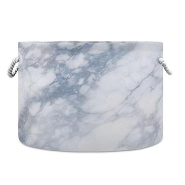 Imagem de Burbuja Cesta de armazenamento redonda de mármore branco com alças de corda de algodão, cesta de lavanderia para cobertores, brinquedos, berçário, decoração de sala de estar