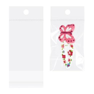 Imagem de Morepack Sacos autoadesivos de celofane de 5 x 7 cm, com orifício para pendurar, 100 peças, sacos de celofane transparentes e resseláveis com cabeçote suspenso para colar de brincos de joias