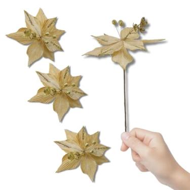 Imagem de 3 Flores, Artificiais Realistas | Decoração Natalina 43cm Douradas com Glitter | para Árvore de Natal, pinheiro, mesa, ceia de Natal, Enfeite de aniversário, casamento e Festas de Final de Ano