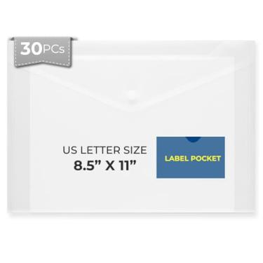 Imagem de Envelopes de plástico tamanho A4 com fecho de pressão e bolso para etiqueta - 30 peças - FLEXOFFICE - Pastas de documentos transparentes para envelopes de arquivo poli tamanho A4 para escola, casa,