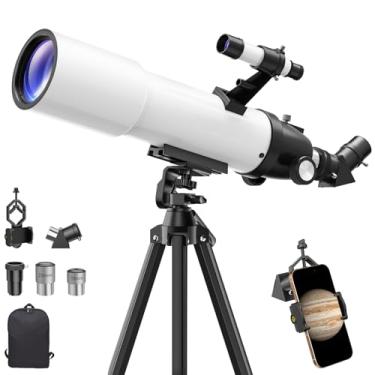 Imagem de Telescópio para adultos e crianças de alta potência: 90 mm astronômico portátil refratante FMC iniciantes explorador mira para crianças 8-12 viagens lua planeta estrelas olhando com tripé profissional