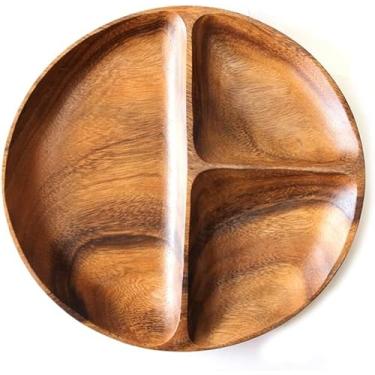 Imagem de PALPLUS Prato de madeira de acácia premium de 25,4 cm, 3 compartimentos, dividido, redondo, prato de sobremesa, bandeja de servir, travessas, 3 seções