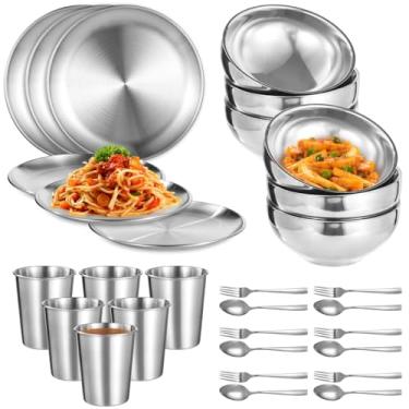 Imagem de Conjunto de jantar de aço inoxidável com 30 peças, inclui 6 pratos, 6 tigelas, 6 xícaras, 6 garfos e 6 colheres, conjunto de louça de metal reutilizável, conjunto de utensílios de cozinha para casa