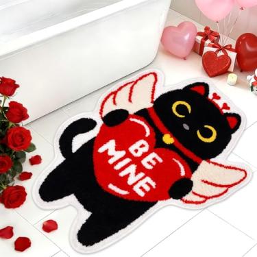 Imagem de NIGOWAYS Tapete de banheiro para Dia dos Namorados – Tapetes de banheiro de gato preto anjo, tapetes de banho macios e absorventes com amor, tapete antiderrapante para chuveiro, banho e quarto (76 cm