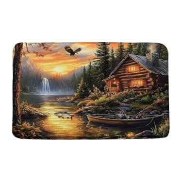 Imagem de EUBTPA Tapete de banheiro rústico para cabana de fazenda, peixes, lago, pesca, trailer, acampamento de caça, floresta, cachoeira, banho, cozinha, tapete de porta tapete de microfibra de espuma de