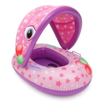 Imagem de Boia Infantil Inflável com Proteção Solar UV, Suporte para Pés e Alças Laterais, Tema Dinossauro, Verde e Laranja, 65x47x50cm (Rosa)