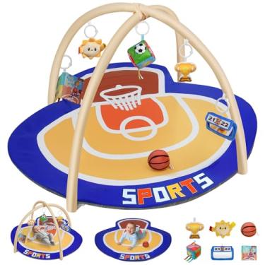 Imagem de IPOZITO Tapete de ginástica para bebês, tapete grande em forma de quadra de basquete com 6 brinquedos destacáveis para atividades para bebês, tapete de brinquedo para bebês promove a habilidade motora