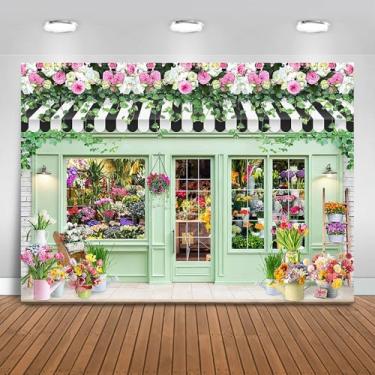 Imagem de Fitumiw Pano de fundo de primavera Páscoa 2,1 x 1,5 m Flower Shoppe Spring Photography Background Decorações de festa florescendo banner de flores adereços de cabine de fotos