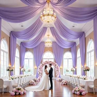 Imagem de PartyVillage 2 painéis de 1,5 m x 6,1 m Taro roxo cortinas de teto para festas de casamento – 6 m de poliéster grosso extra longo sem rugas decoração de barraca para festa de aniversário, cerimônia de