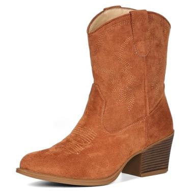 Imagem de IXU Botas caubói femininas cano curto cano curto bota clássica cano médio bico fino botas curtas grossas, Camurça marrom, 36