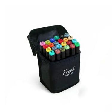 Imagem de Kit 24 Canetinhas Marcador Coloridas - Ponta Dupla - Com Estojo - Use para Colorir Desenhos e Papel com Versatilidade em Detalhes