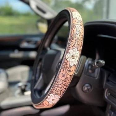 Imagem de Capa de volante universal para carro cowboy ocidental retrô ocidental, couro pintado à mão, acessórios de carro ocidental, design antiderrapante fácil de instalar. (#A)