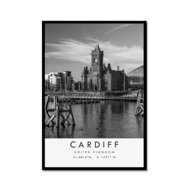 Imagem de Pôster de viagem preto e branco impressão paisagem da cidade do mundo pintura em tela Cardiff imagem de arte de parede decoração de casa (8 x 12 polegadas (20 x 30 cm), moldura de metal)